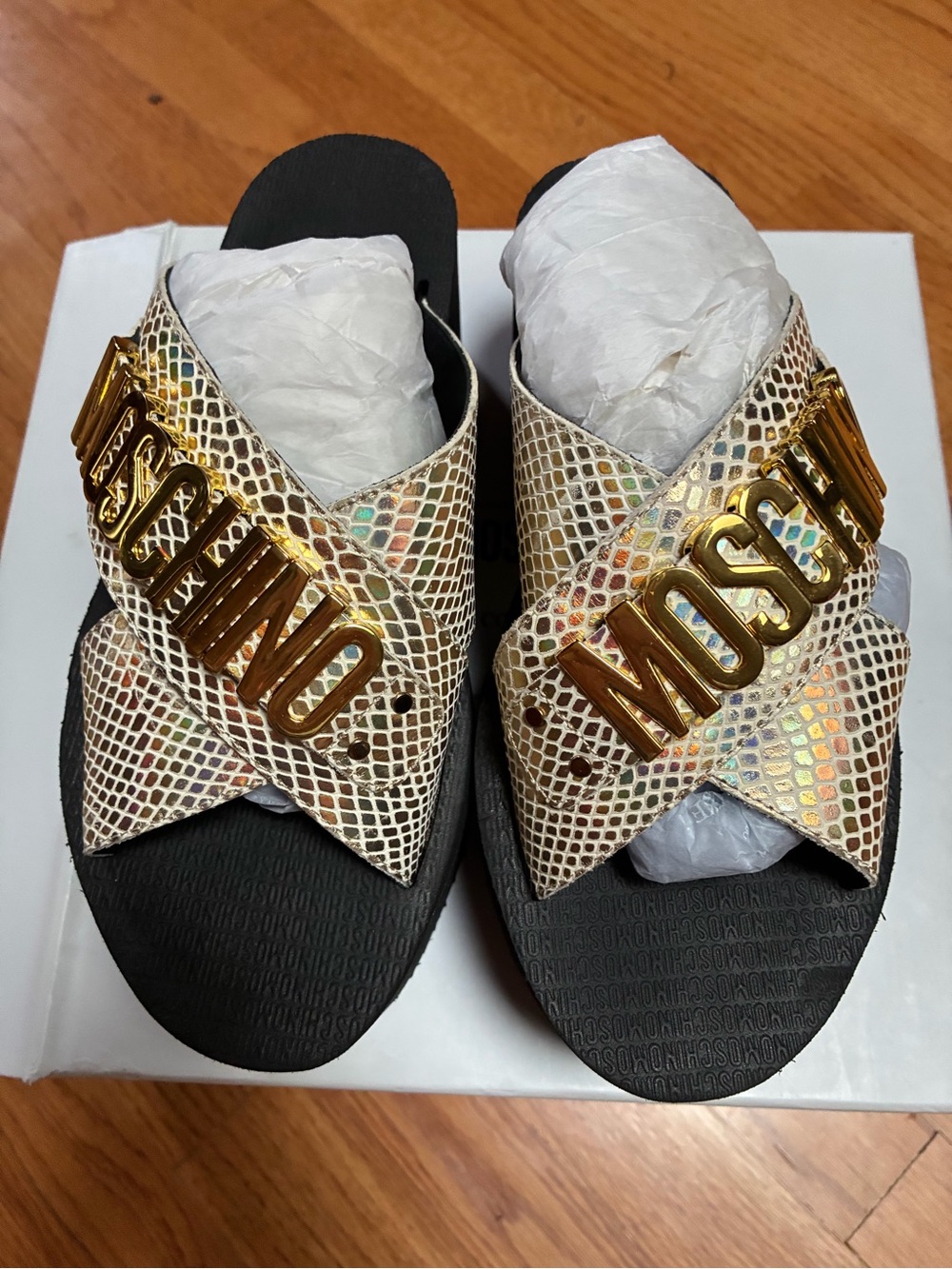 Moschino Iridescent Snake-Print Slides with Gold Logo - Picture 2 of 8